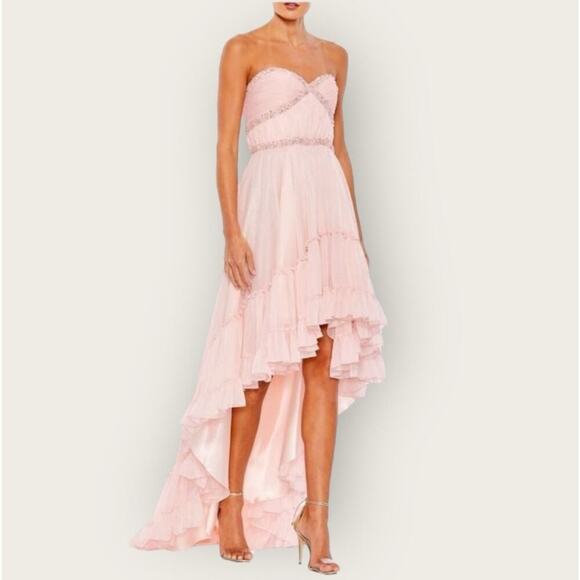 NWT | Mac Duggal | Beaded Ruffle High Low Strapless Gown | Ice Pink | Size 8 - Picture 1 of 16